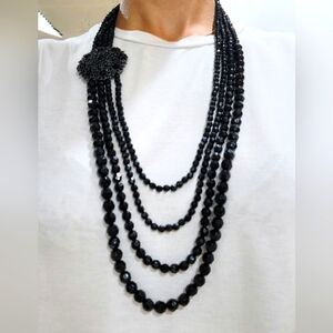 Elegant Vintage 4Strands Black Faceted Beaded Necklace With Large Flower Pendant